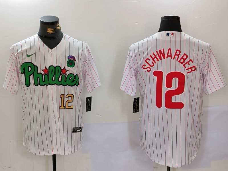 Mens Philadelphia Phillies #12 Kyle Schwarber White Green Cool Base Stitched Jerseys